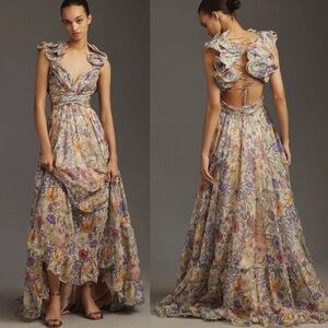 Mac Duggal Flutter-Sleeve V-Neck Maxi Dress